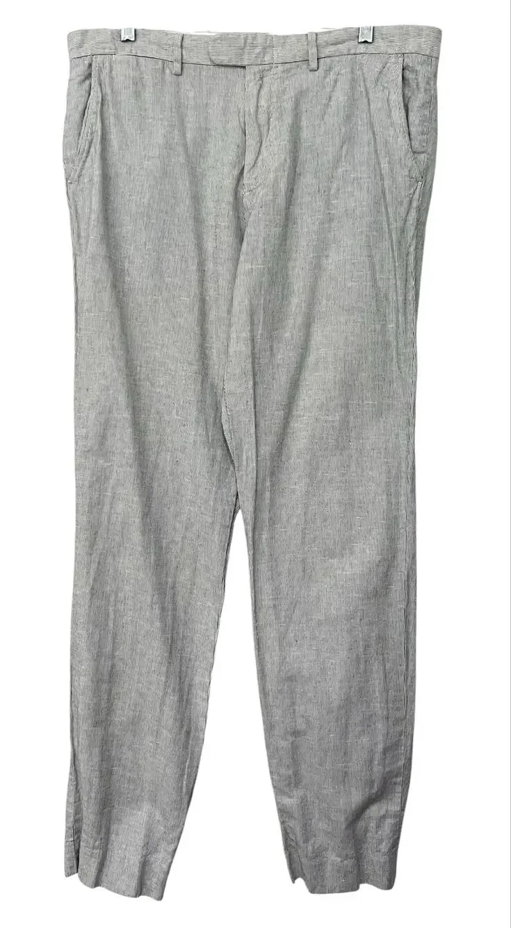 J.Crew Men's Chino Pants Bowery Blue White Ticking Stripe Linen Cotton Sz 34x34